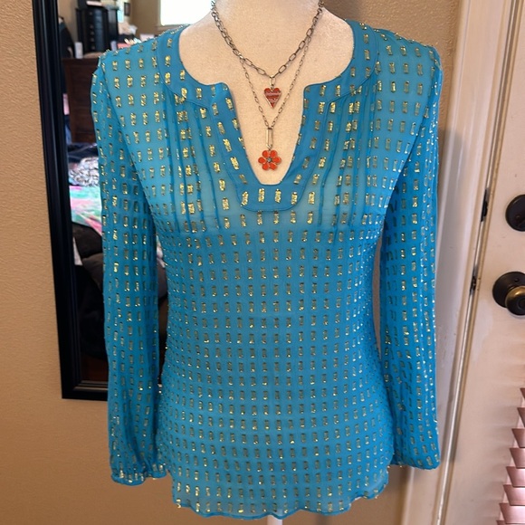 Lilly Pulitzer Women's Tunic Top Colby Silk Clip Metallic Sheer Blouse Blue XS - Picture 3 of 5